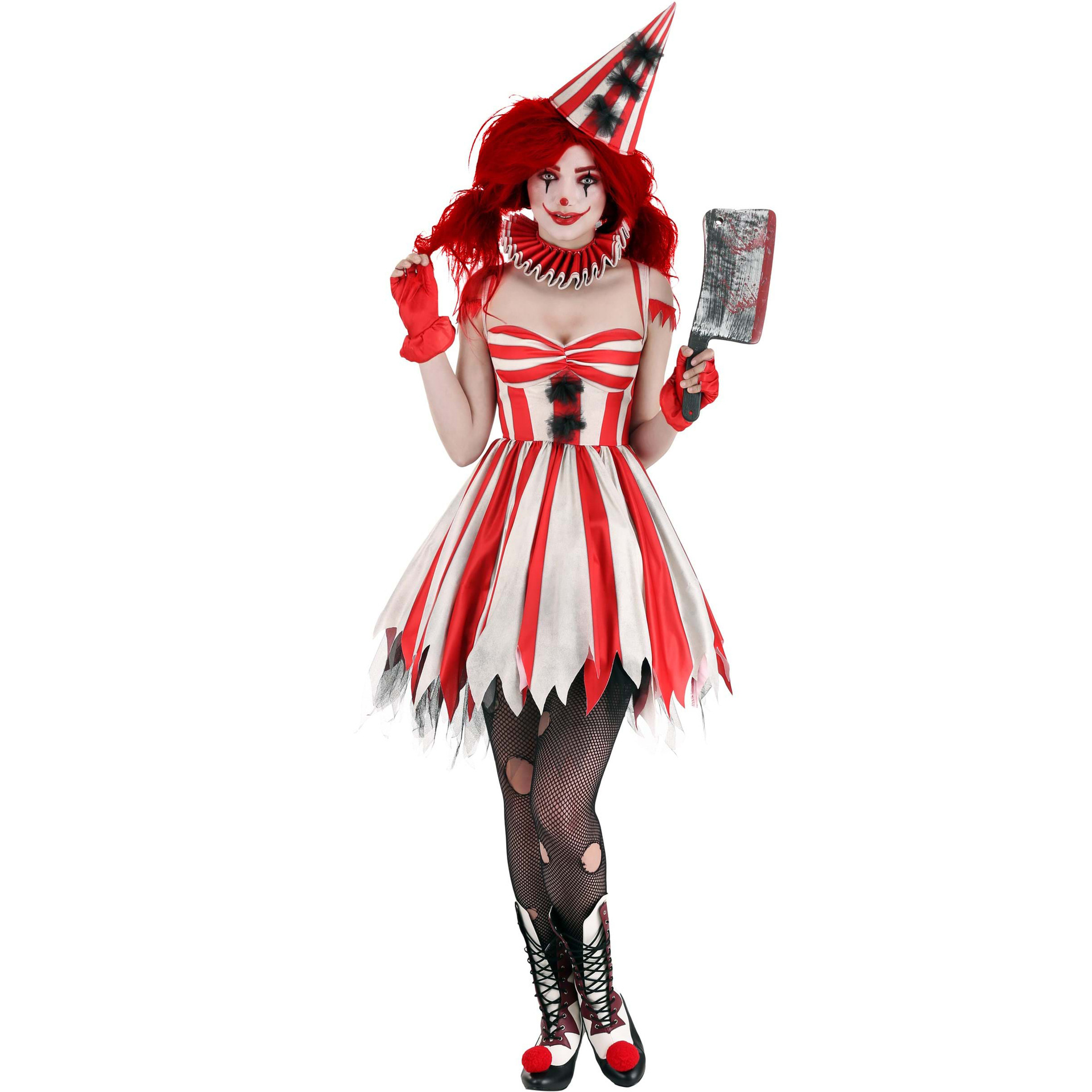 Adult Clown Costume Red And White Striped Dress with Party Hat Halloween Outfit